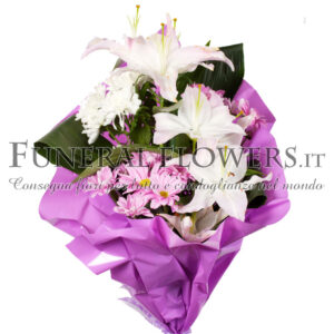 Bouquet floreale funebre bianco e viola