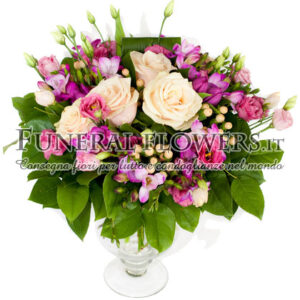 Bouquet funebre di rose bianche e lisianthus rosa