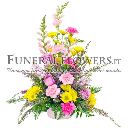 Omaggio floreale funebre rosa e giallo