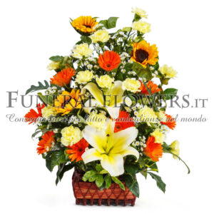 Ciotola funebre di fiori gialli e arancio