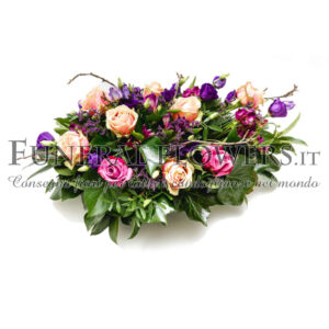 Cuscino funebre di fiori rosa e viola