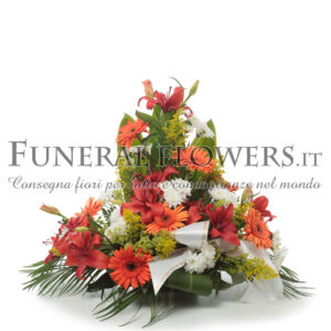 Ciotola funebre di fiori rosso e arancio