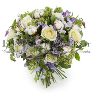 Bouquet floreale funebre di rose bianche e fiori viola