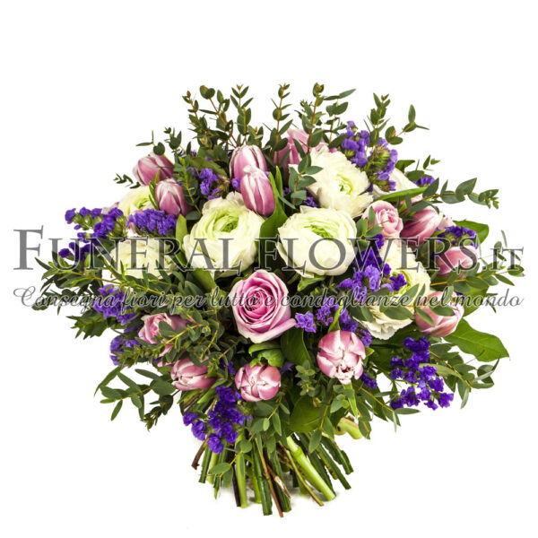 Bouquet floreale funebre di fiori rosa e viola