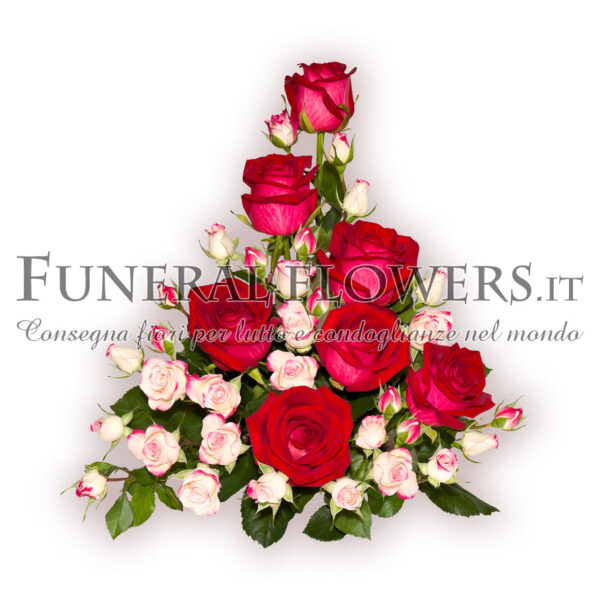 Composizione funebre di rose rosse e bianche